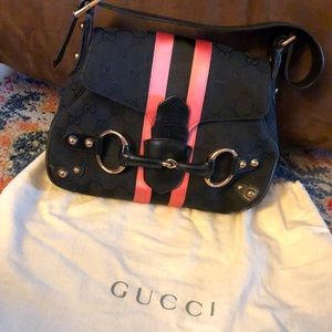 Gucci horse bit handbag, black and pink.